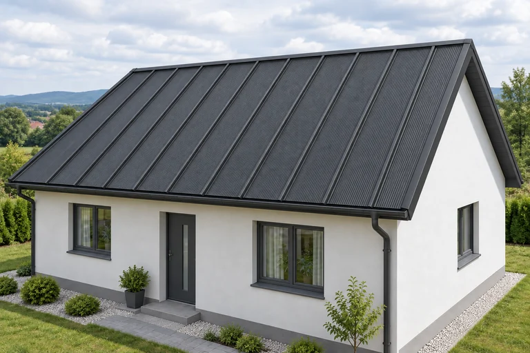 AI vizualizácia sedlovej strechy prízemného domu s krytinou Falcovaný panel MAX (Regamet) vo farbe antracit RAL 7016
