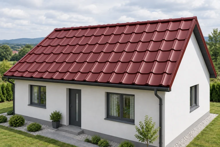 AI vizualizácia sedlovej strechy prízemného domu s krytinou Plechová škridla MONA (Regamet) vo farbe vínová RAL 3005