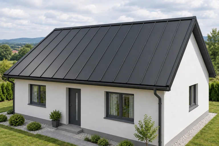 AI vizualizácia sedlovej strechy prízemného domu s krytinou Falcovaný panel OSKAR FLAT (Regamet) vo farbe antracit RAL 7016