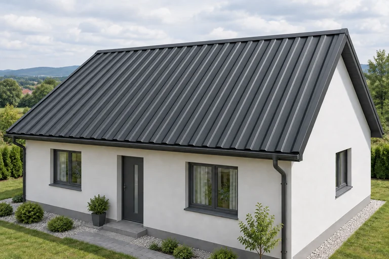 AI vizualizácia sedlovej strechy prízemného domu s krytinou Trapézový plech T18 (Regamet) vo farbe antracit RAL 7016